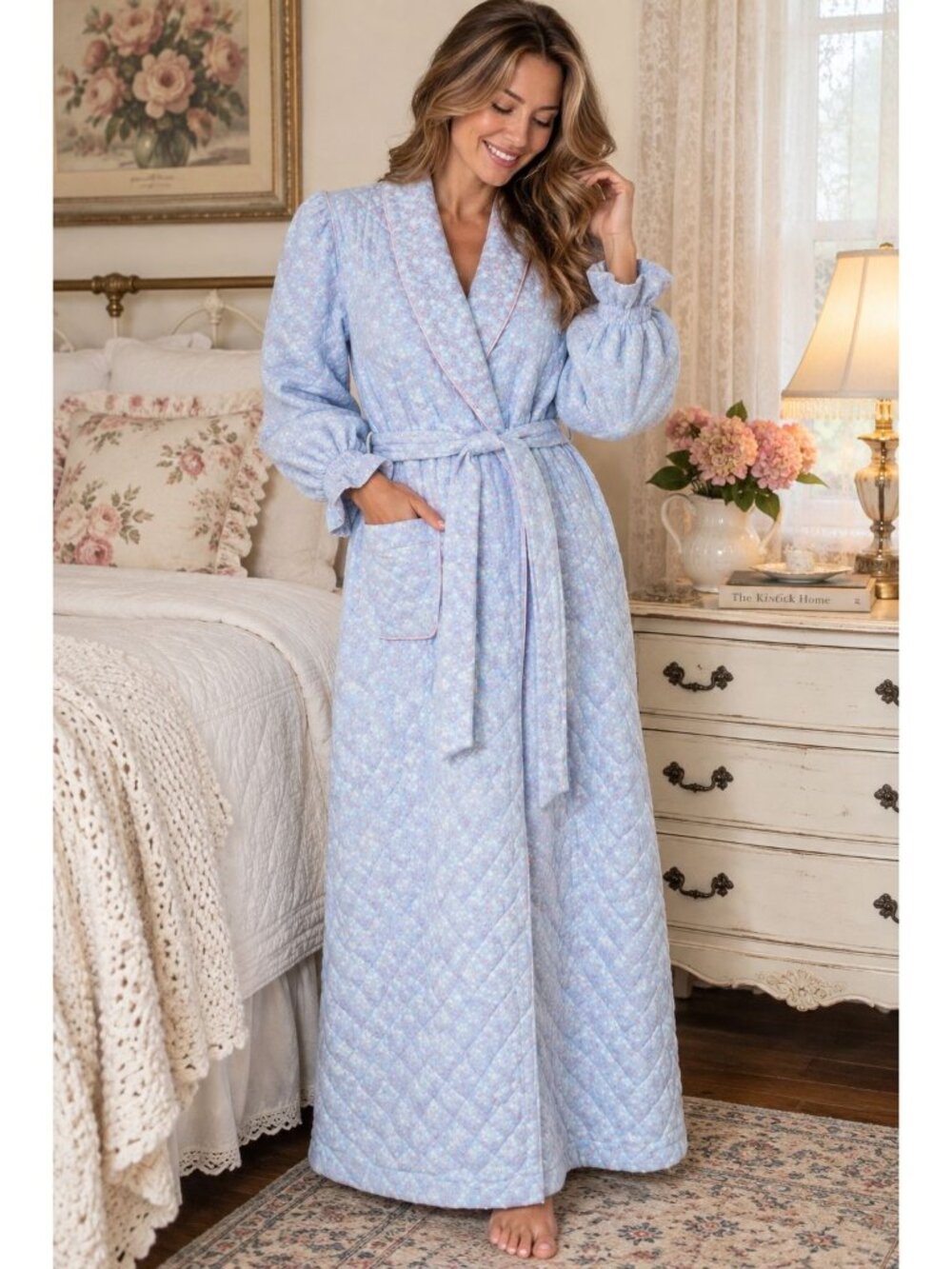 Vintage Miss Elaine Size L Robe Blue Floral Quilted Long Maxi USA Belted